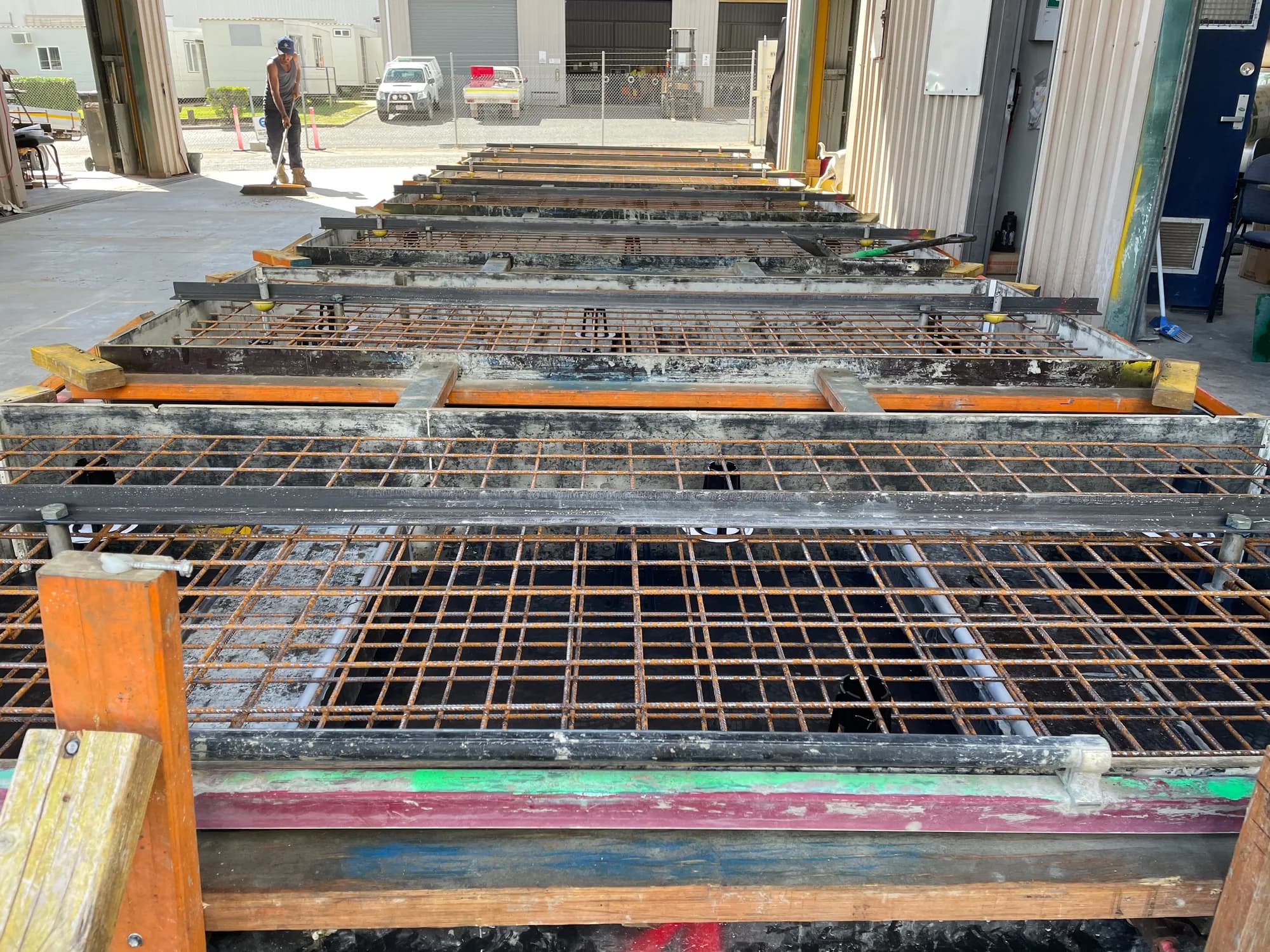 Reinforcing steel cages prepared for concrete building footings