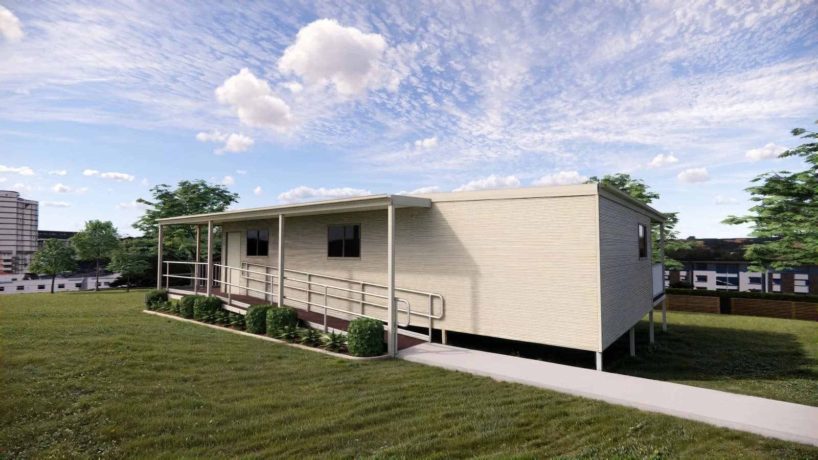Concept render of a portable building with a covered deck and access ramp